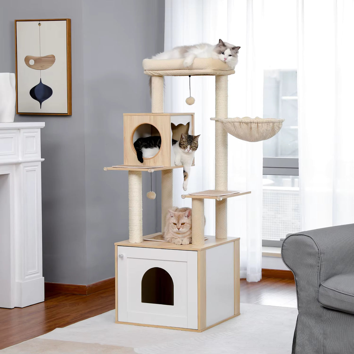 Arbre à chat bois 2-en-1 avec litière | Duo