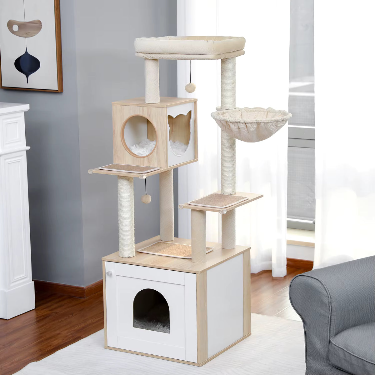 Arbre à chat bois 2-en-1 avec litière | Duo