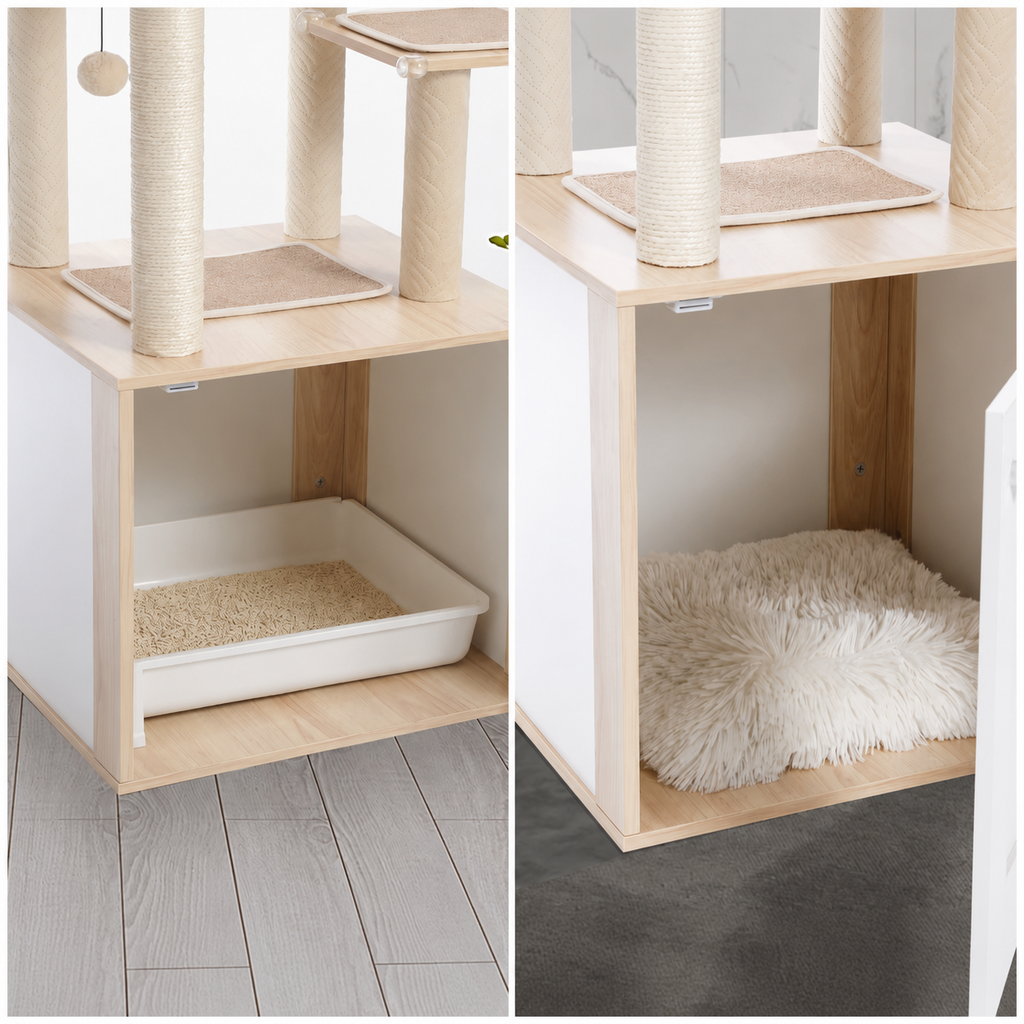 Arbre à chat bois 2-en-1 avec litière | Duo
